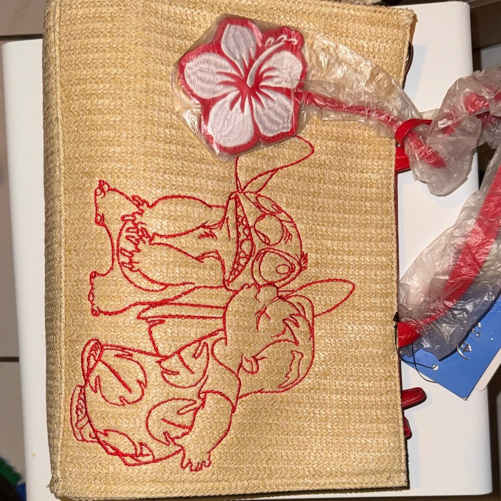 Disney Straw Tote with Red Embroidered Stitch and Flower Charm